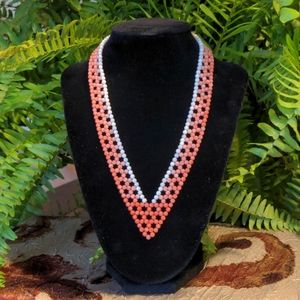 Handmade White and Coral Beaded Necklace